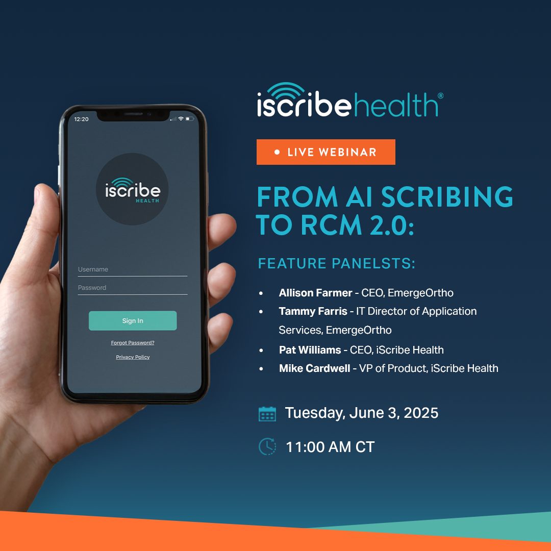 Title card for the iScribe Health webinar "From AI Scribing to RCM 2.0"