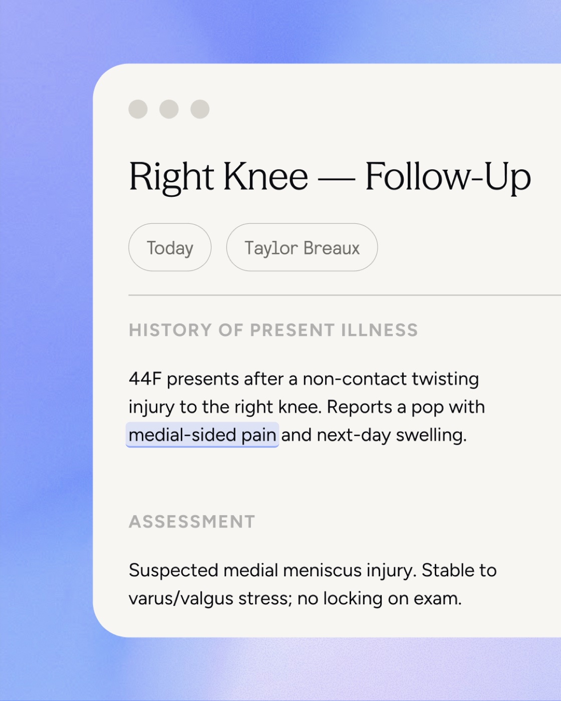Reviewing the generated note — refining a phrase before sign-off